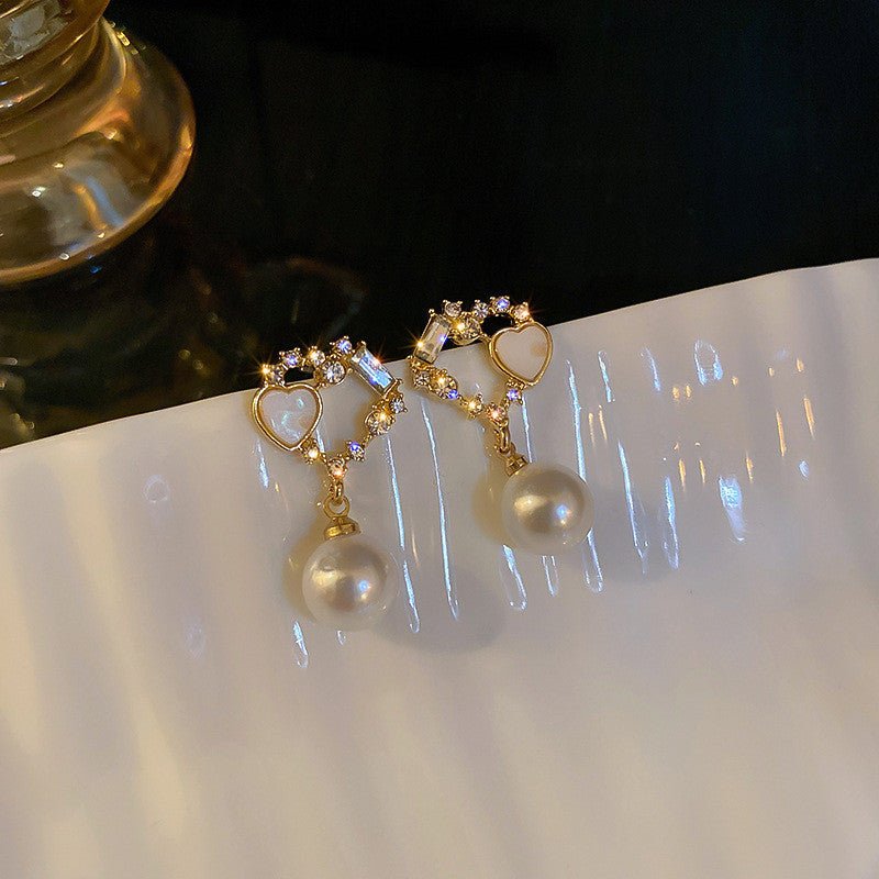 Silver Needle Korea Double Love Diamond Pearl Earrings-Jewearrings