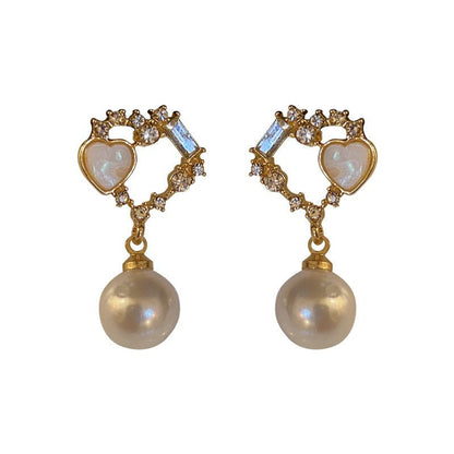 Silver Needle Korea Double Love Diamond Pearl Earrings-Jewearrings