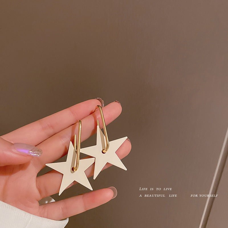 Silver Needle Korean White Big Five-pointed Star Earrings Simple-Jewearrings