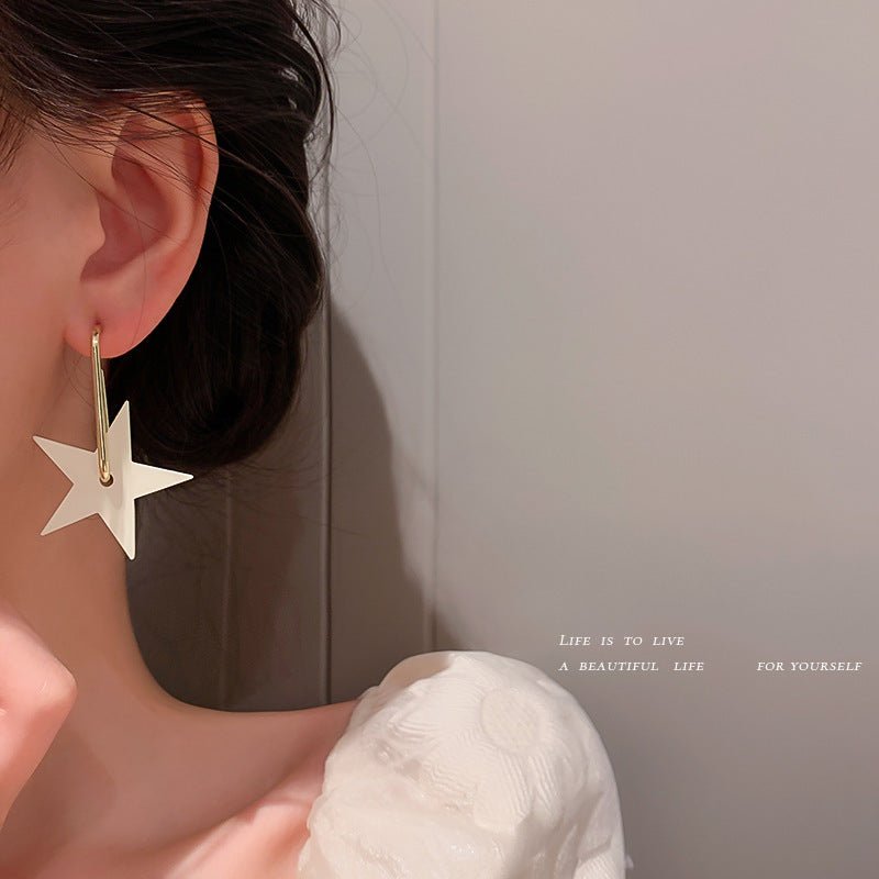 Silver Needle Korean White Big Five-pointed Star Earrings Simple-Jewearrings