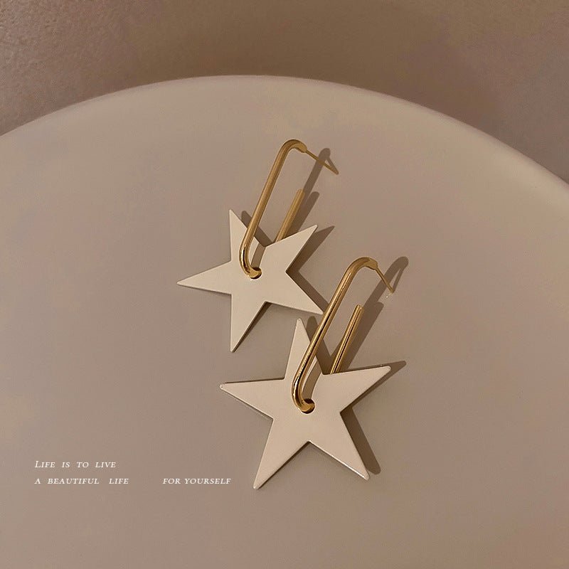 Silver Needle Korean White Big Five-pointed Star Earrings Simple-Jewearrings