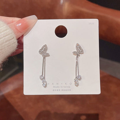 Silver Needle Long Fringed Zircon Earrings-Jewearrings