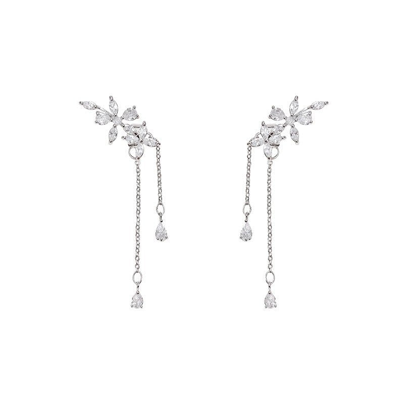 Silver Needle Long Fringed Zircon Earrings-Jewearrings