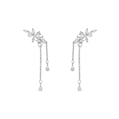 Silver Needle Long Fringed Zircon Earrings-Jewearrings