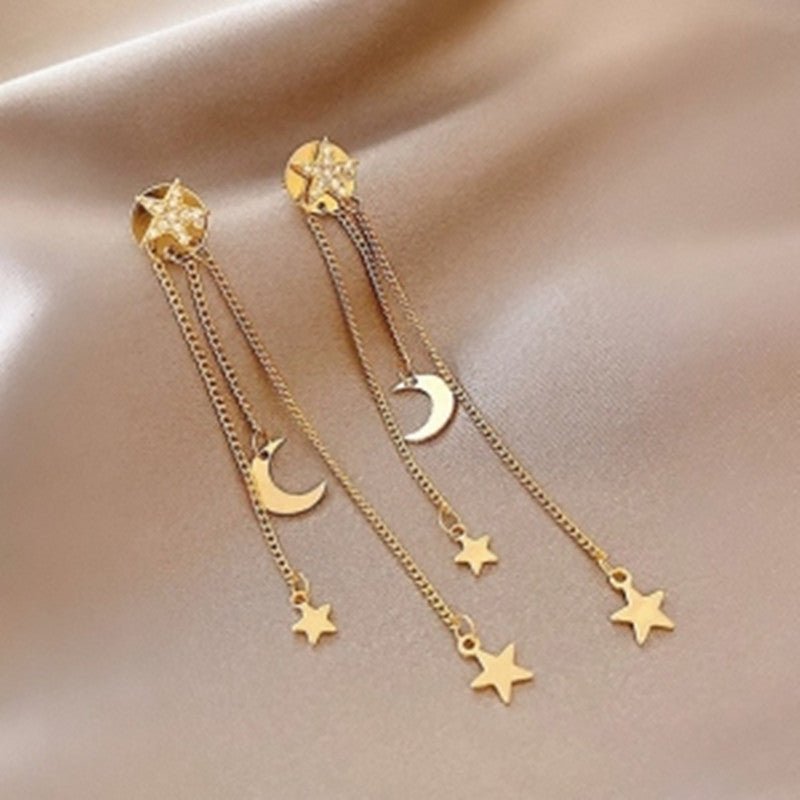 Silver Needle Long Star Moon Earrings Zircon Personality-Jewearrings