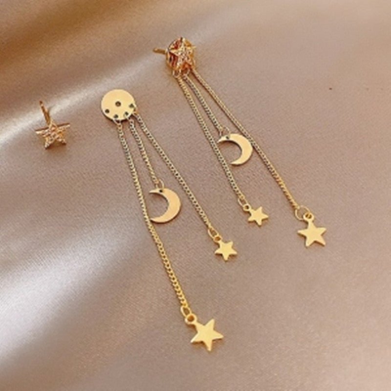 Silver Needle Long Star Moon Earrings Zircon Personality-Jewearrings