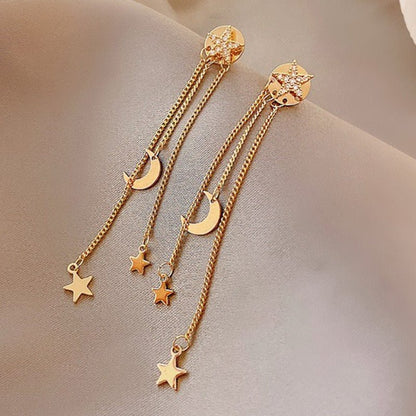 Silver Needle Long Star Moon Earrings Zircon Personality-Jewearrings