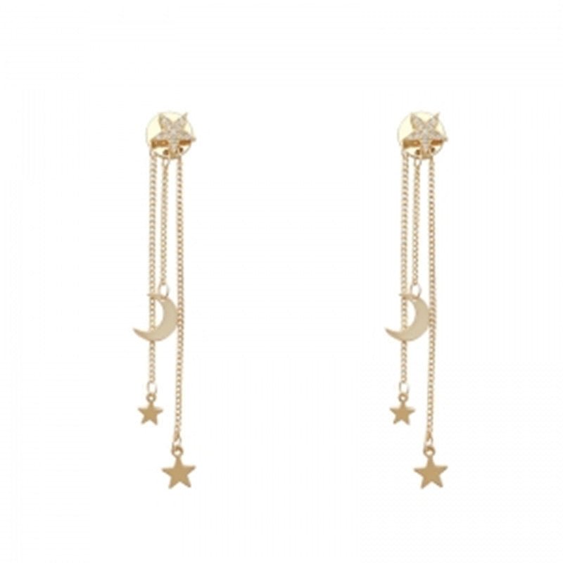 Silver Needle Long Star Moon Earrings Zircon Personality-Jewearrings