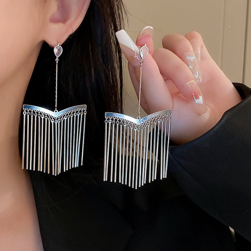 Silver Needle Metal Long Fringe Earrings-Jewearrings