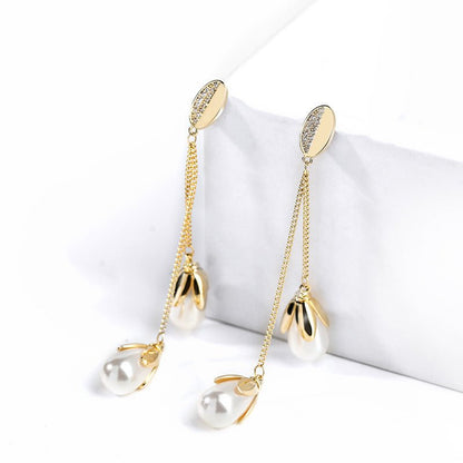 Silver Needle Pearl Long Sweet Earrings-Jewearrings