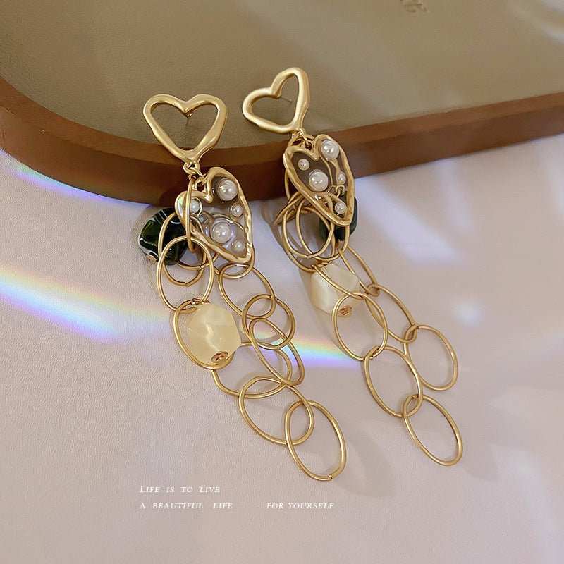 Silver Needle Resin Pearl Love Heart Tassel Earrings Long-Jewearrings