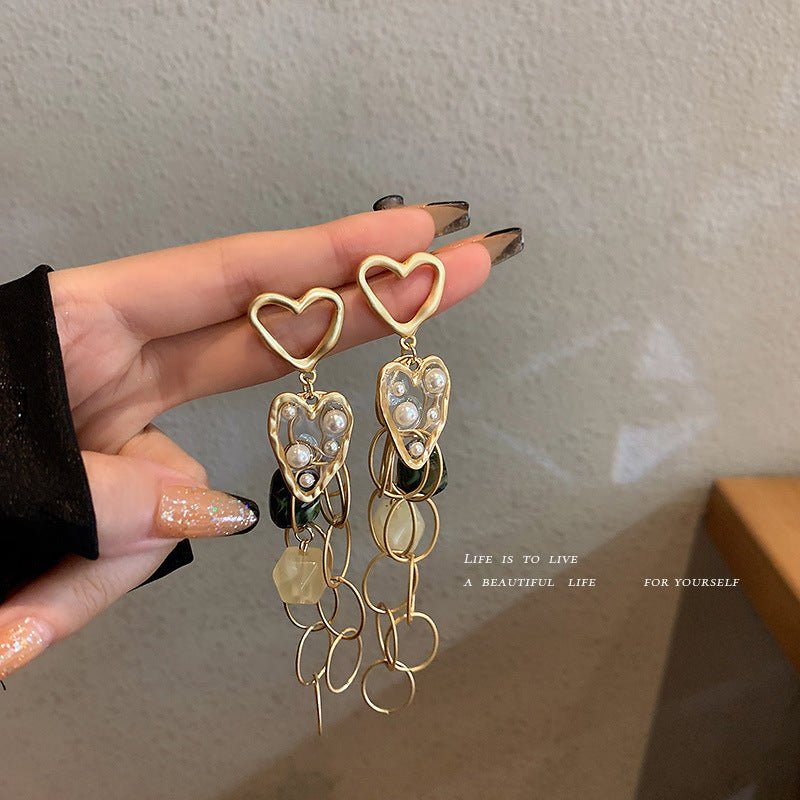 Silver Needle Resin Pearl Love Heart Tassel Earrings Long-Jewearrings