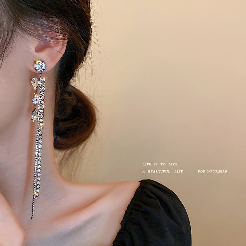 Silver Needle Retro Diamond Tassel Earrings Women Long Exaggerated-Jewearrings