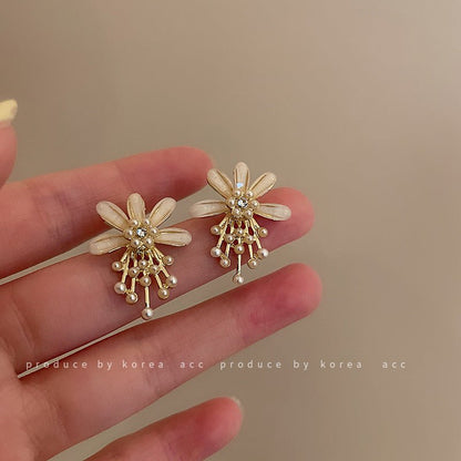 Silver Needle Rice Bead Crystal Diamond Flower Stud Earrings Korea-Jewearrings