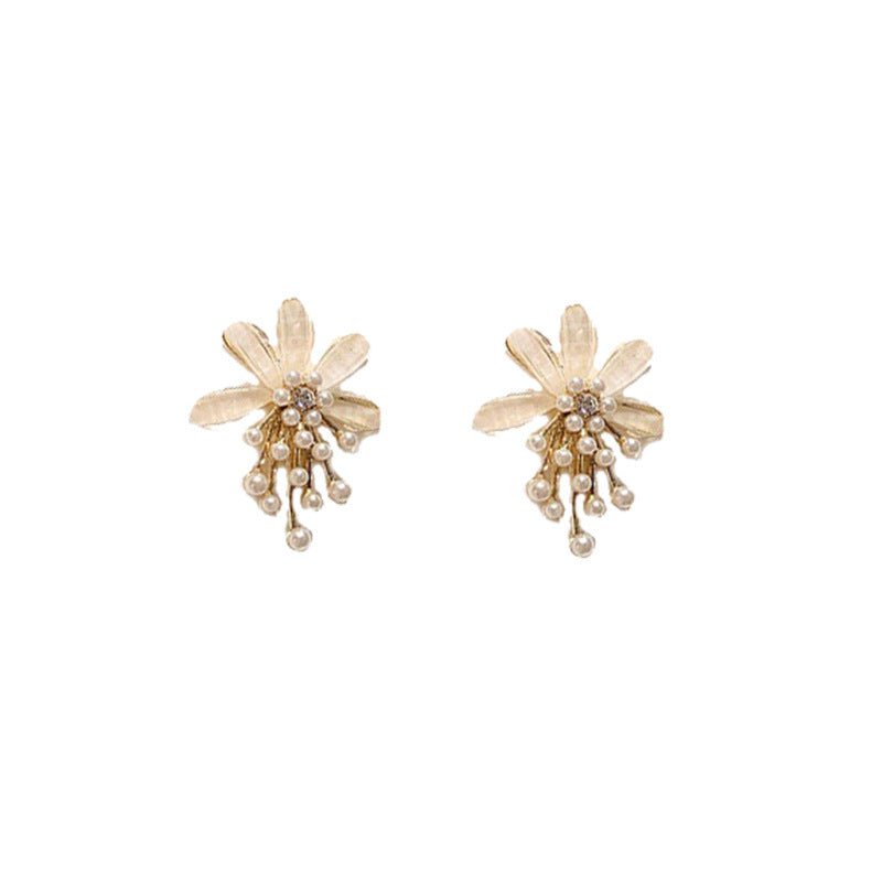 Silver Needle Rice Bead Crystal Diamond Flower Stud Earrings Korea-Jewearrings