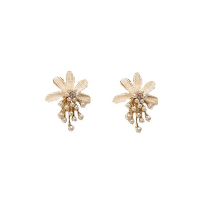 Silver Needle Rice Bead Crystal Diamond Flower Stud Earrings Korea-Jewearrings