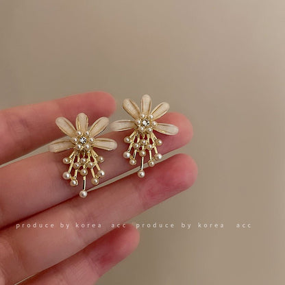 Silver Needle Rice Bead Crystal Diamond Flower Stud Earrings Korea-Jewearrings