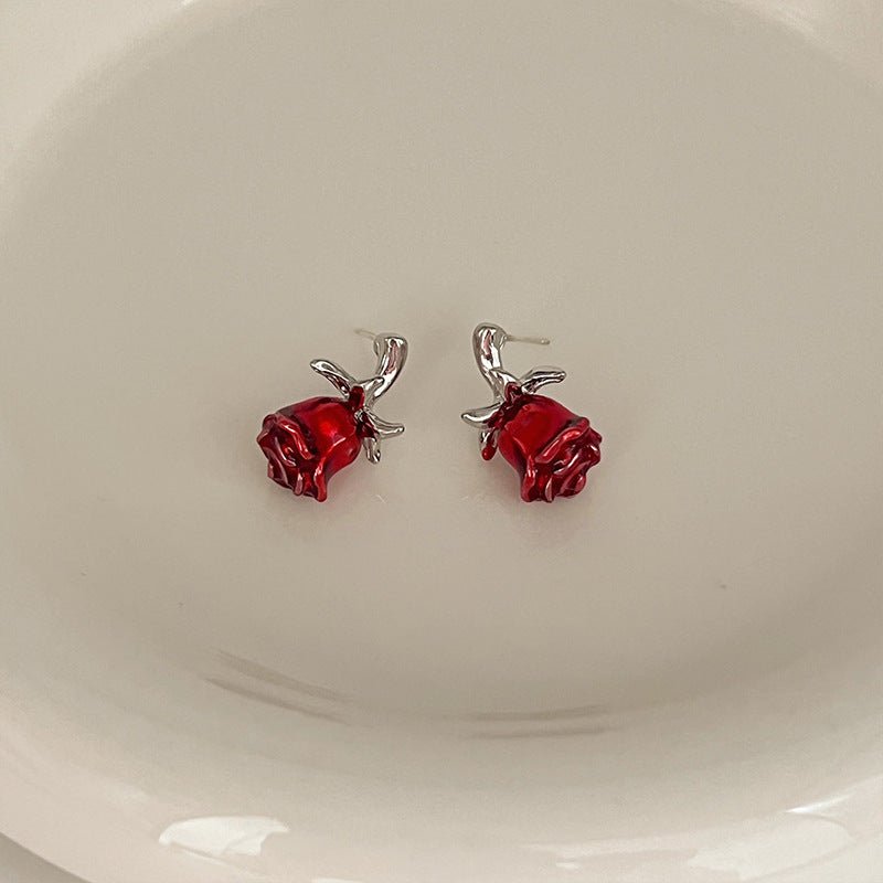 Silver Needle Rose Flower Stud Earrings-Jewearrings