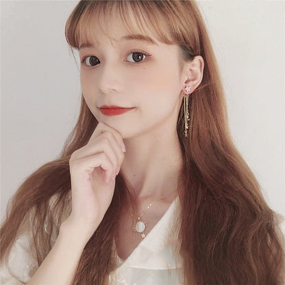 Silver Needle Stars Moon Long Tassel Earrings Earline Pendant Female-Jewearrings