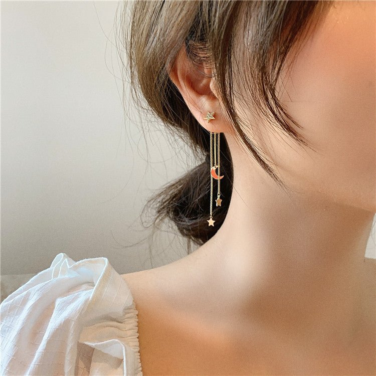 Silver Needle Stars Moon Long Tassel Earrings Earline Pendant Female-Jewearrings