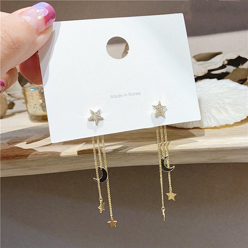 Silver Needle Stars Moon Long Tassel Earrings Earline Pendant Female-Jewearrings