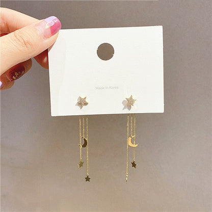 Silver Needle Stars Moon Long Tassel Earrings Earline Pendant Female-Jewearrings