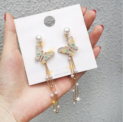 Silver Needle Super Fairy Pearl Butterfly Long Tassel Earrings-Jewearrings