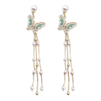 Silver Needle Super Fairy Pearl Butterfly Long Tassel Earrings-Jewearrings