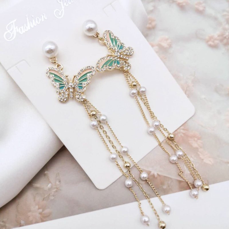 Silver Needle Super Fairy Pearl Butterfly Long Tassel Earrings-Jewearrings