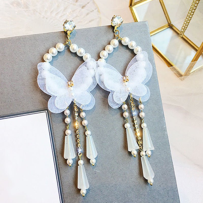 Silver Needle Super Fairy White Butterfly Earrings Temperament Long Tassel Pendant Wild Stud Earrings Women-Jewearrings