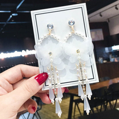 Silver Needle Super Fairy White Butterfly Earrings Temperament Long Tassel Pendant Wild Stud Earrings Women-Jewearrings