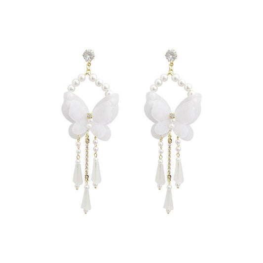 Silver Needle Super Fairy White Butterfly Earrings Temperament Long Tassel Pendant Wild Stud Earrings Women-Jewearrings