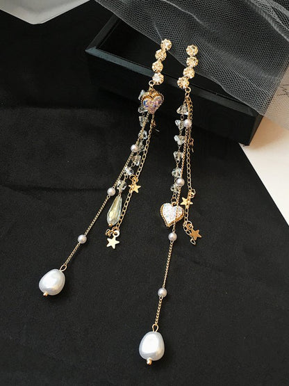 Silver Needle Wings Rhinestone Love Pearl Earrings Long Tassel Simple Fashion Stud Earrings-Jewearrings