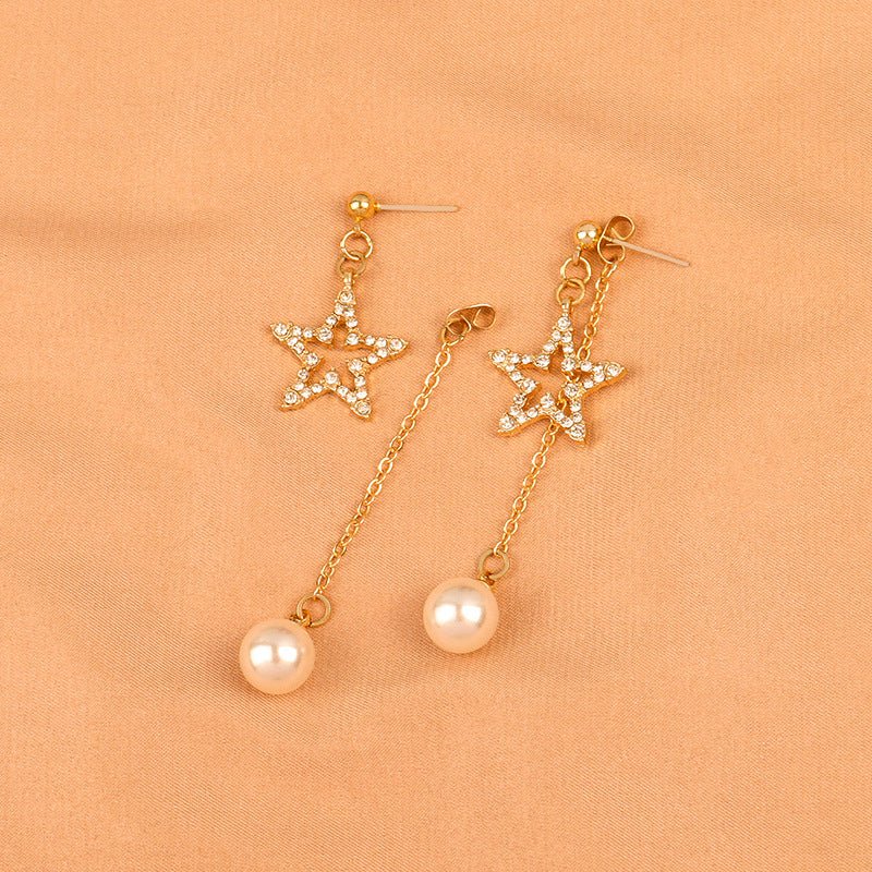 Silver Needle With Diamonds And Five-pointed Star Back Hanging Pearl Long Tassel Earrings-Jewearrings