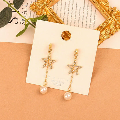 Silver Needle With Diamonds And Five-pointed Star Back Hanging Pearl Long Tassel Earrings-Jewearrings