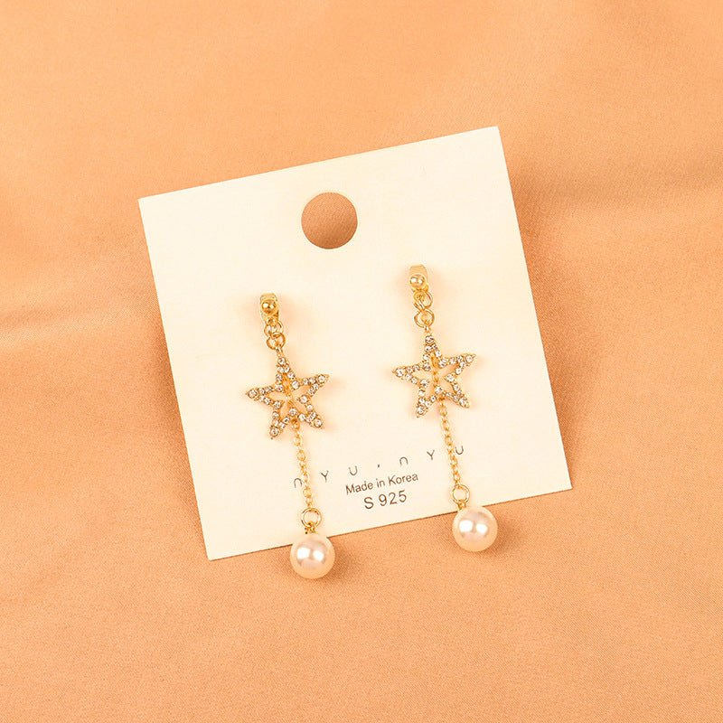 Silver Needle With Diamonds And Five-pointed Star Back Hanging Pearl Long Tassel Earrings-Jewearrings