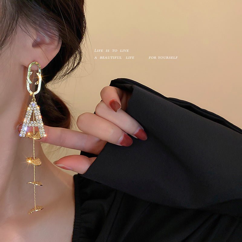 Silver Needle With Diamonds And Geometric Letters Tassel Earrings Long-Jewearrings