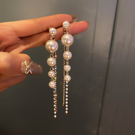 Silver Pin Diamond Pearl Tassel Earrings Personality-Jewearrings