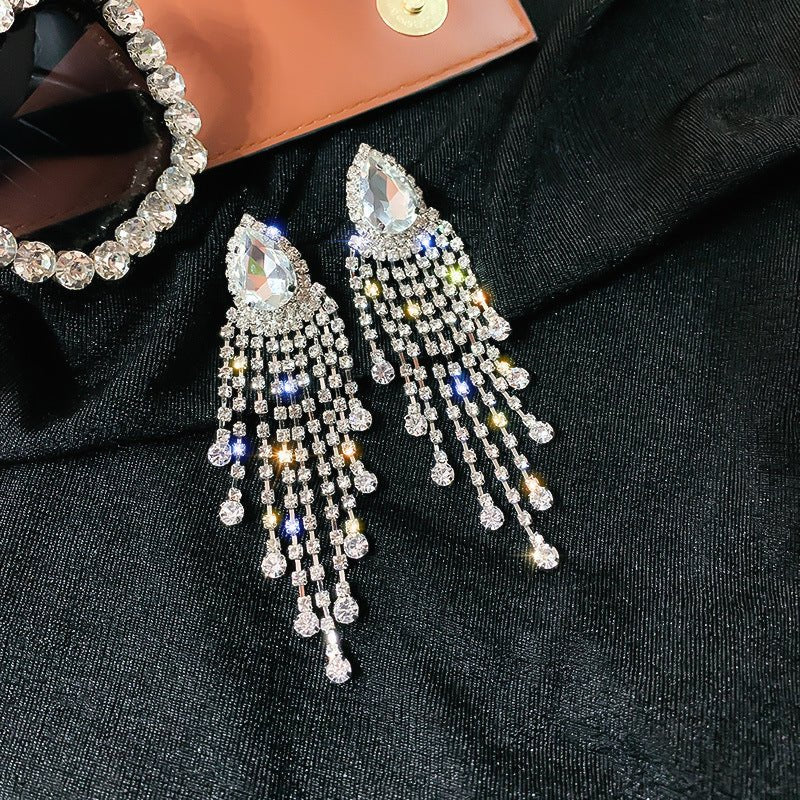 Silver Pin Exaggerated Rhinestone Long Tassel Earrings Fashion-Jewearrings