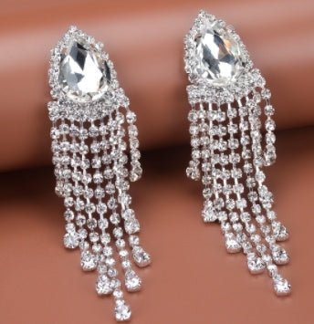 Silver Pin Exaggerated Rhinestone Long Tassel Earrings Fashion-Jewearrings