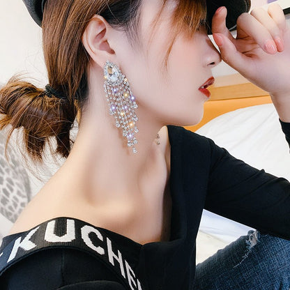 Silver Pin Exaggerated Rhinestone Long Tassel Earrings Fashion-Jewearrings