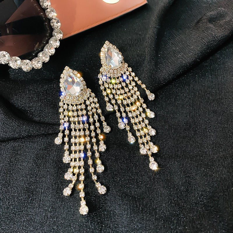 Silver Pin Exaggerated Rhinestone Long Tassel Earrings Fashion-Jewearrings