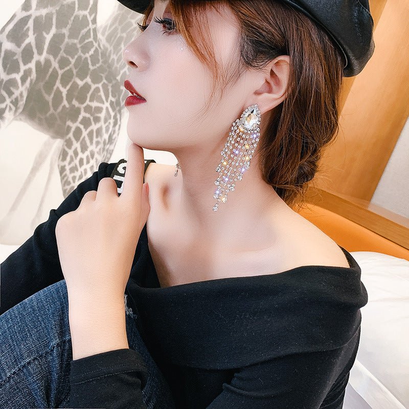 Silver Pin Exaggerated Rhinestone Long Tassel Earrings Fashion-Jewearrings