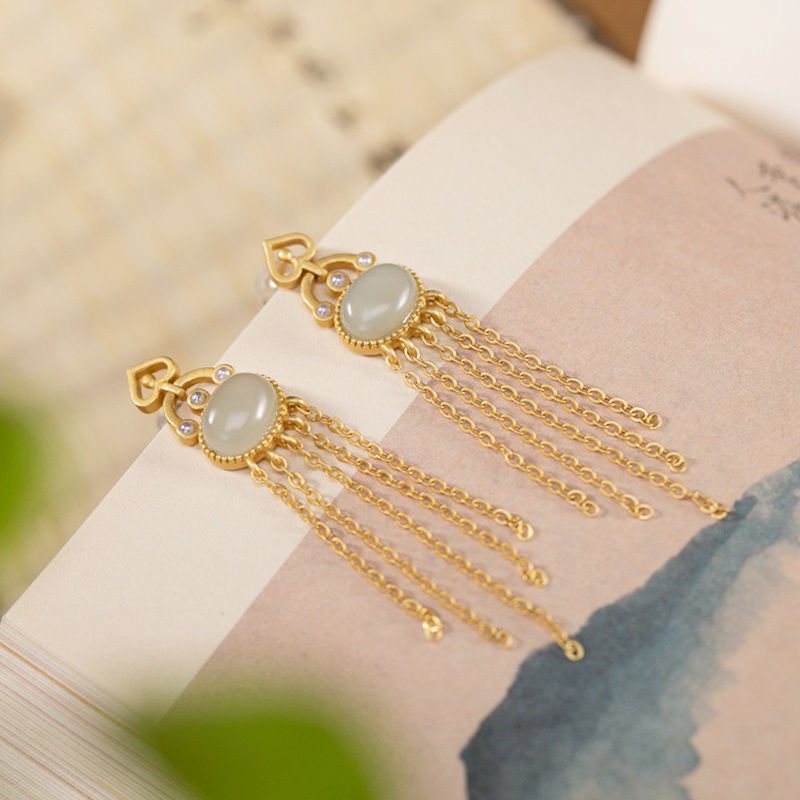 Silver-plated Hetian Jade Temperament Long Tassel Earrings-Jewearrings