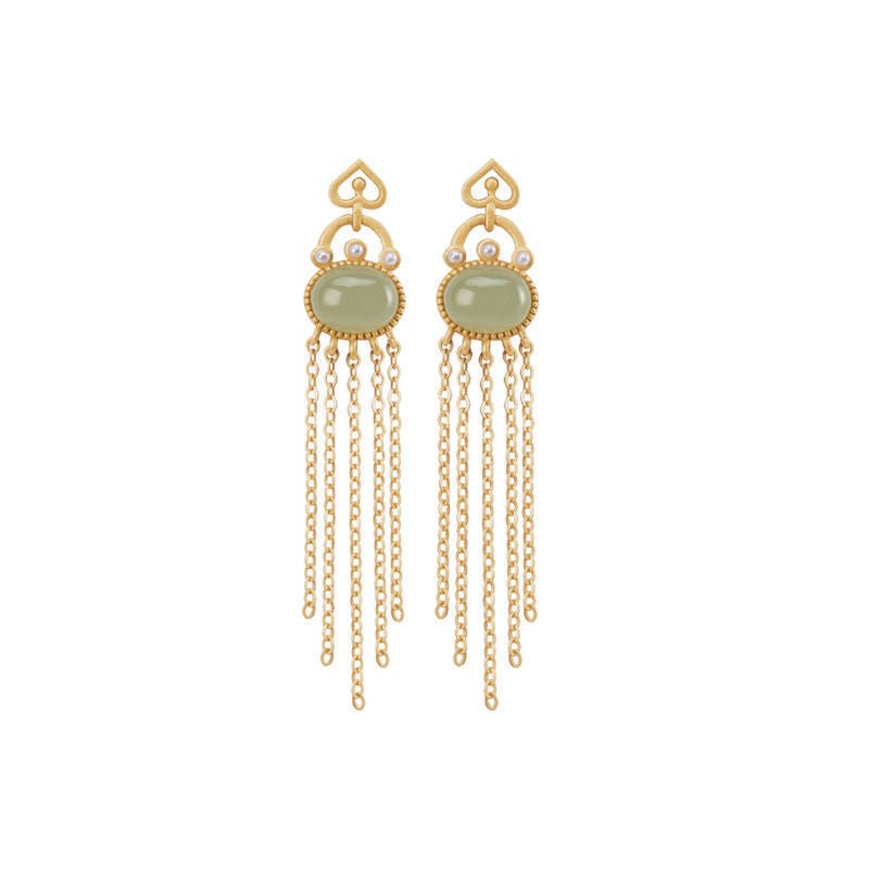 Silver-plated Hetian Jade Temperament Long Tassel Earrings-Jewearrings