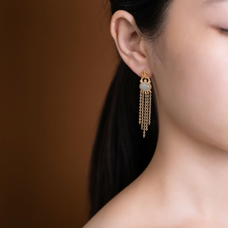 Silver-plated Hetian Jade Temperament Long Tassel Earrings-Jewearrings