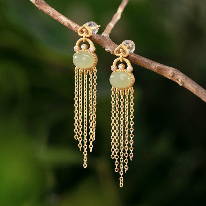 Silver-plated Hetian Jade Temperament Long Tassel Earrings-Jewearrings