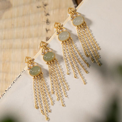 Silver-plated Hetian Jade Temperament Long Tassel Earrings-Jewearrings