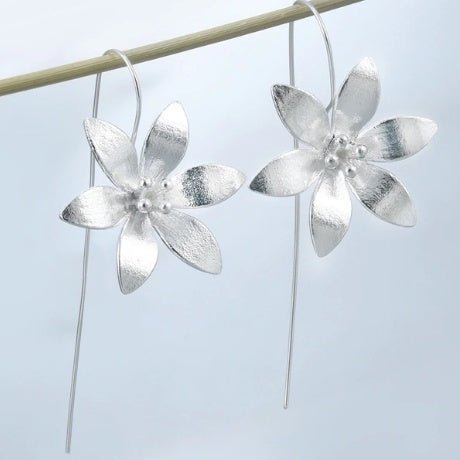 Silver Plated Long Flower Earrings-Jewearrings