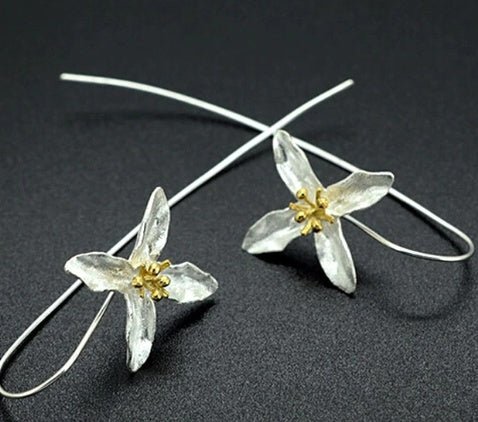 Silver Plated Long Flower Earrings-Jewearrings